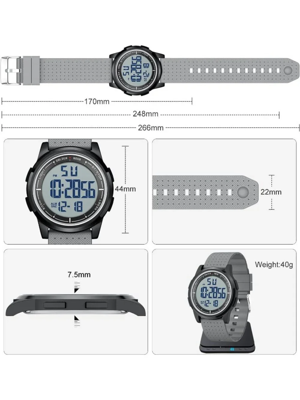 Men's Black Grey Rubber Strap Ultra-Thin Minimalist Waterproof Digital Watch